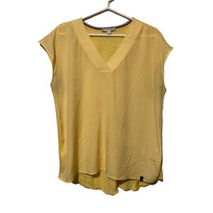 Tommy Hilfiger Womens Blouse Yellow Cap Sleeve V Neck High Low Linen Blend L